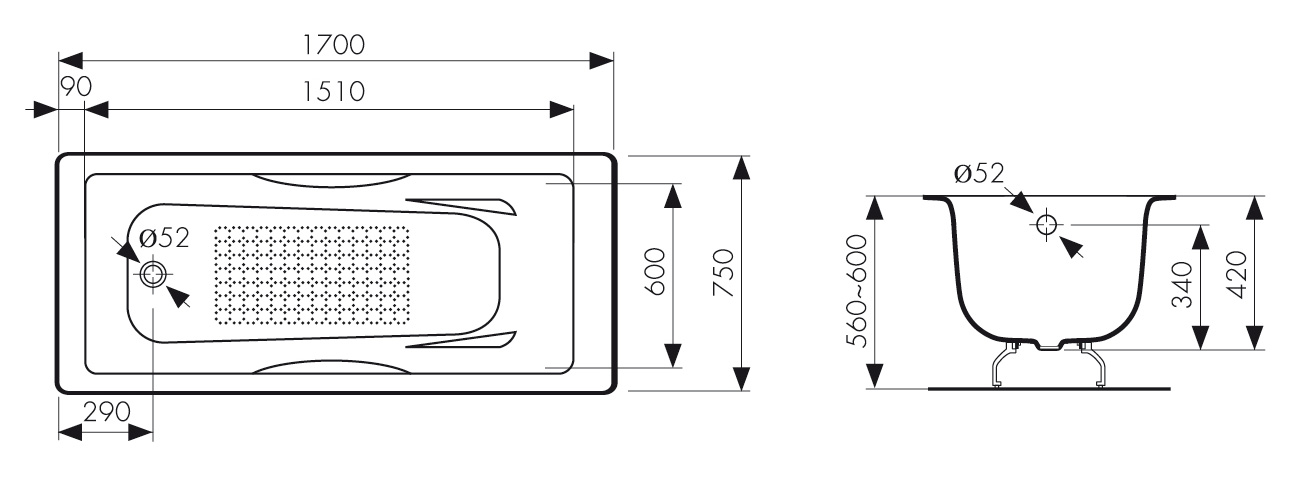 КВ-1704  Ванна KAISER чугунная с антискользящим покрытием
