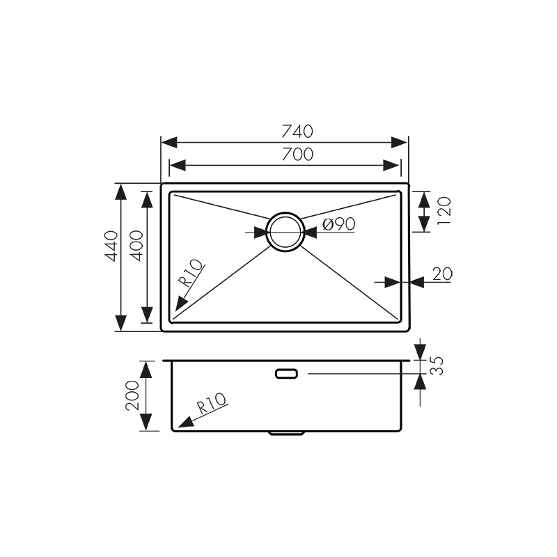 KSM-7444 Мойка из нержавеющей стали KAISER 740x440x200
