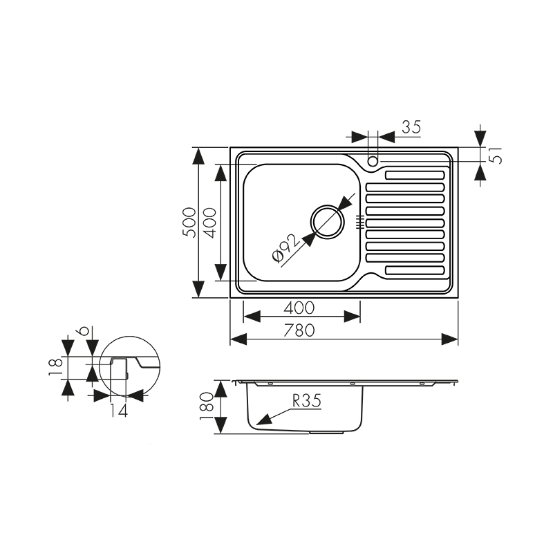 KSS-7850L Мойка из нержавеющей стали KAISER 780x500*180
