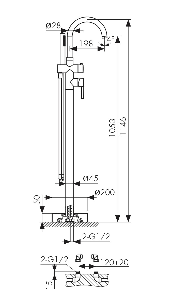 26282 Смеситель KAISER Merkur напольный для ванной комнаты