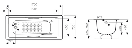 КВ-1704  Ванна KAISER чугунная с антискользящим покрытием