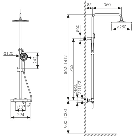 05577-2 Душевая система KAISER Serio с термостатом