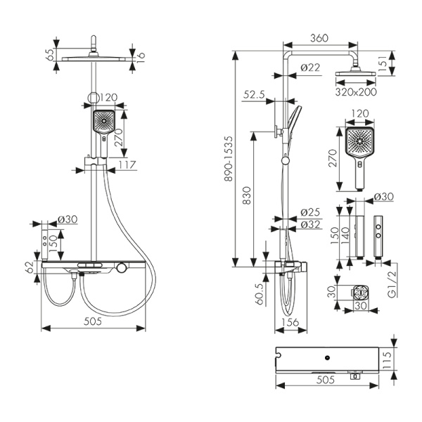 08777 Душевая система KAISER Sano с полкой, с термостатом и гигиеническим душем
