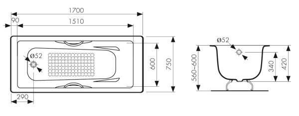 КВ-1703  Ванна KAISER чугунная с латунными ручками